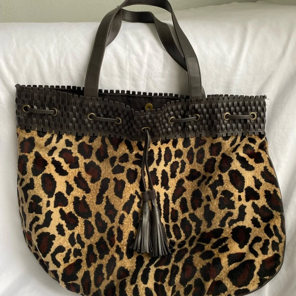 LANCOME Leopard Print Faux Fur Tote with Leather Edge  Leather Tassel Drawstring